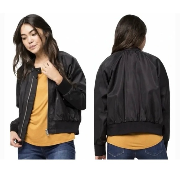 FREE PEOPLE Midnight Satin Bomber Jacket LARGE Black gorgeous - Picture 1 of 13